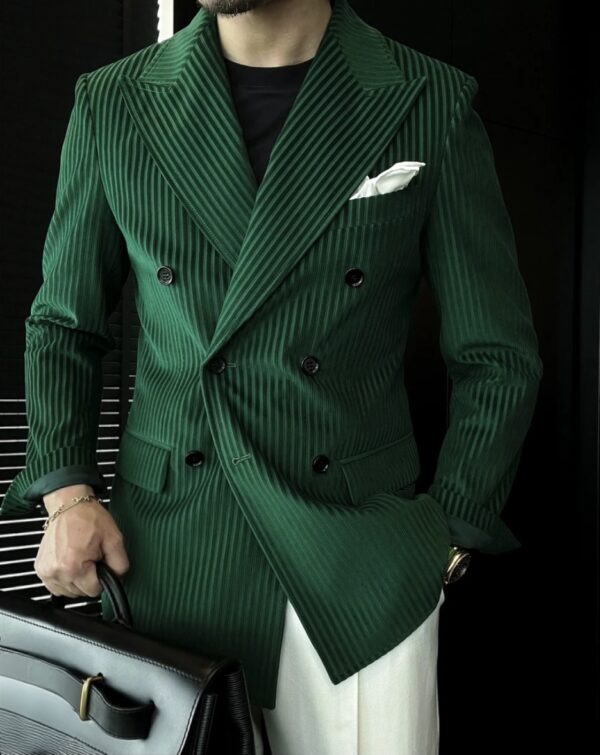 Double-breasted gun-barred collar vertical striped velvet suit jacket - Image 3