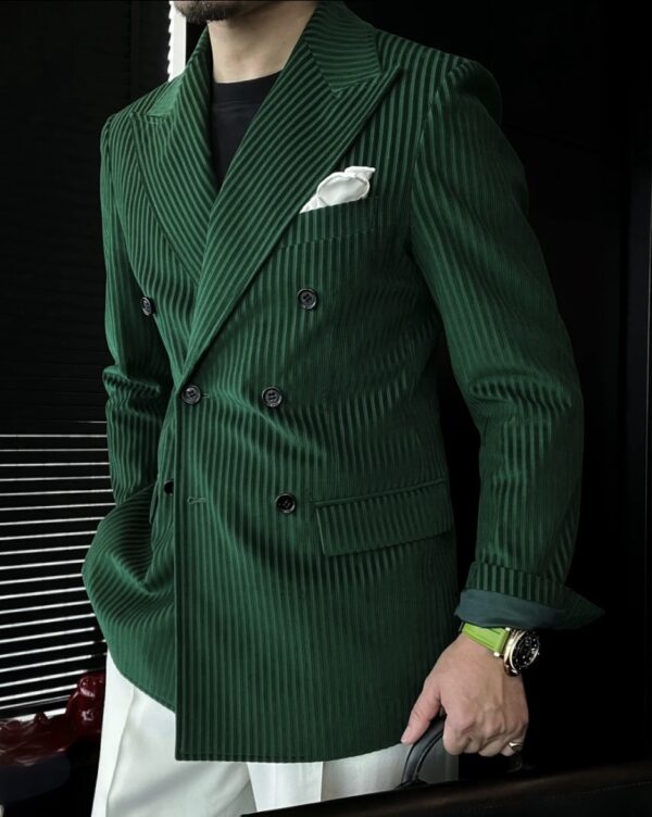 Double-breasted gun-barred collar vertical striped velvet suit jacket - Image 2