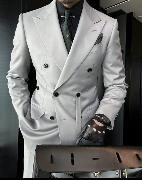 Gun barge collar double breasted matte gray cloth edge handmade suit set