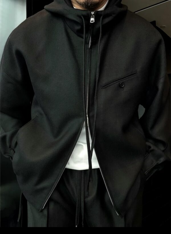 Zipper Drawstring Hooded Jacket Twill Set