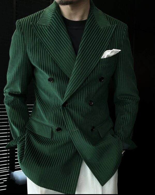 Double-breasted gun-barred collar vertical striped velvet suit jacket