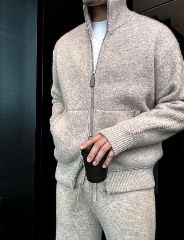 High neck zipper thick knitted cardigan set casual sports