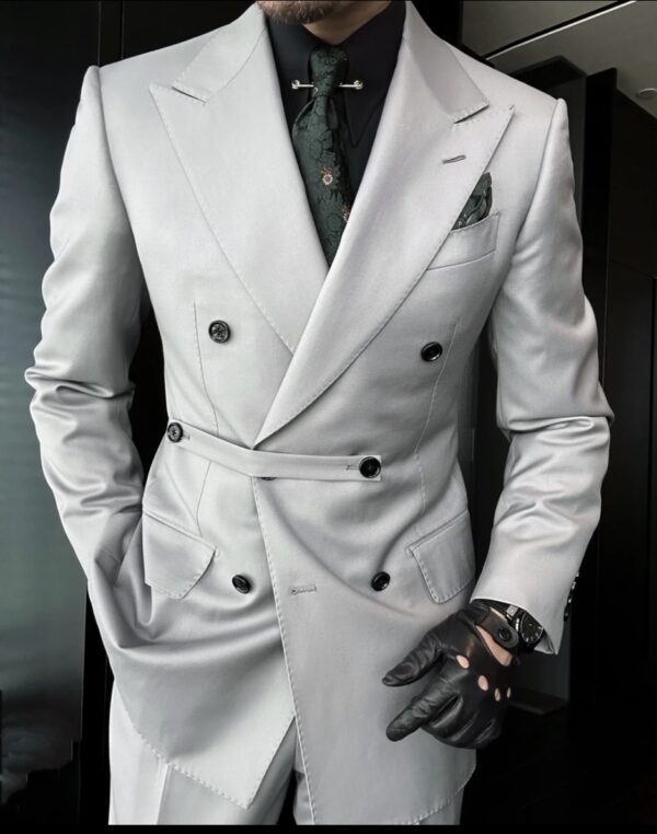 Gun barge collar double breasted matte gray cloth edge handmade suit set - Image 2